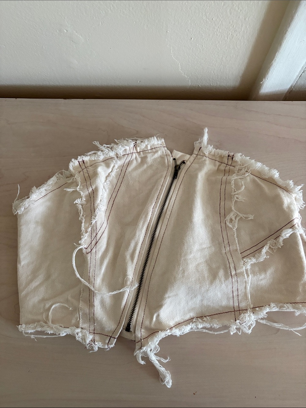 Frayed white Women's tube top with Front Zip